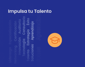 Imagen conceptual “Impulsa tu Talento” con birrete y nube de palabras clave sobre fondo azul, inspirada en el desarrollo profesional y la formación.
